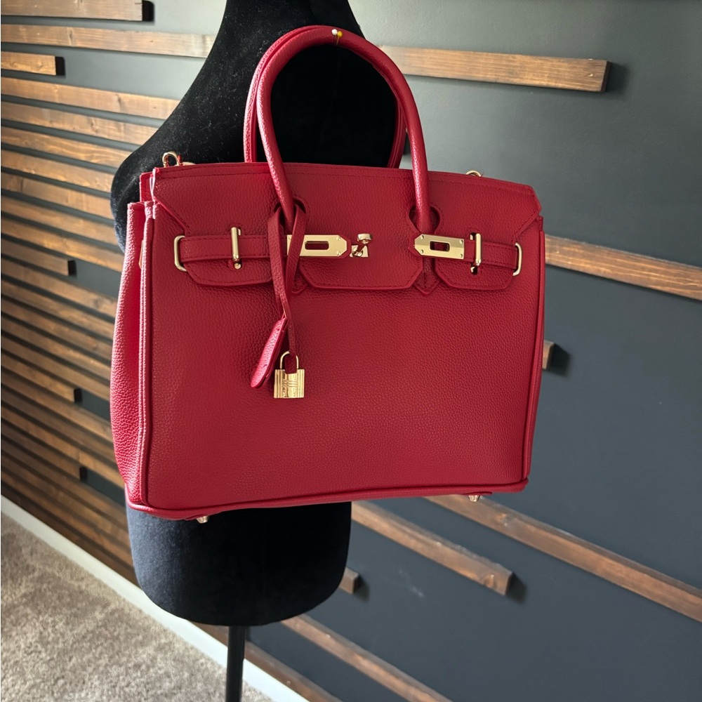 Chic Red Handbag with Gold Accents